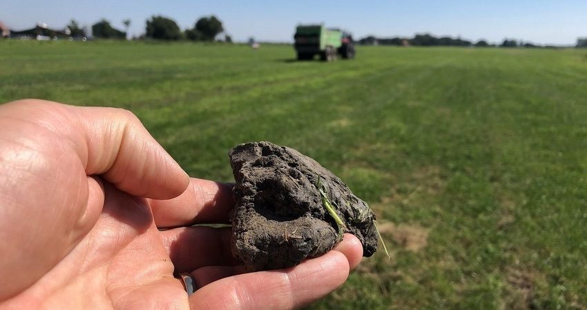 Foto van hand die een kluit aarde vasthoudt tegen een achtergrond met wei en tractor
